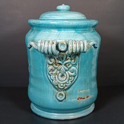 LOT 159: Vintage Blue Glaze Pottery Jar with Metal Candle Holder