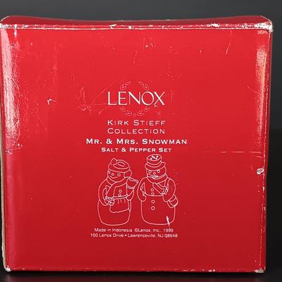 LOT 162: Lenox Mr. and Mrs. Snowman Salt and Pepper Shakers with Strombergshyttan Vase, Českći Crystal Vase & Pressed Glass Bowl