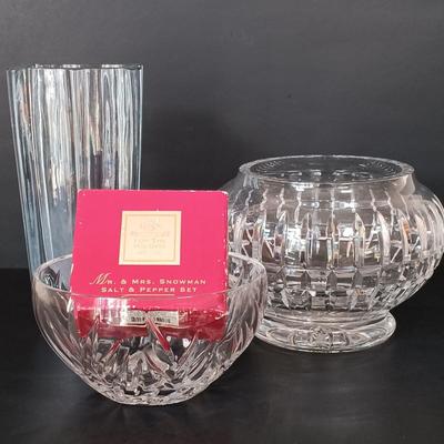LOT 162: Lenox Mr. and Mrs. Snowman Salt and Pepper Shakers with Strombergshyttan Vase, Českći Crystal Vase & Pressed Glass Bowl