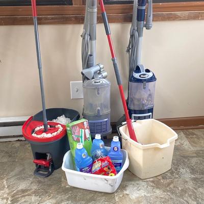 LOT 198: Home Cleaning Equipment / Supplies - Shark Vacuums (Navigator Lift-Away), Swiffer Wet Jet, O-Cedar Mops / Buckets and More