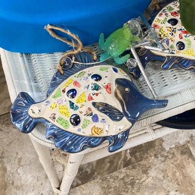 LOT 199: Wicker Accent / Patio Table with Live Aloe Plant, Pottery Fish and More
