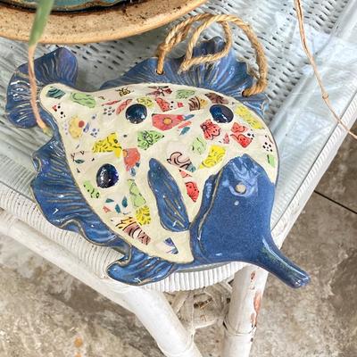 LOT 199: Wicker Accent / Patio Table with Live Aloe Plant, Pottery Fish and More