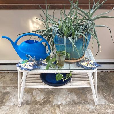LOT 199: Wicker Accent / Patio Table with Live Aloe Plant, Pottery Fish and More