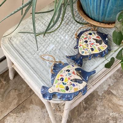 LOT 199: Wicker Accent / Patio Table with Live Aloe Plant, Pottery Fish and More