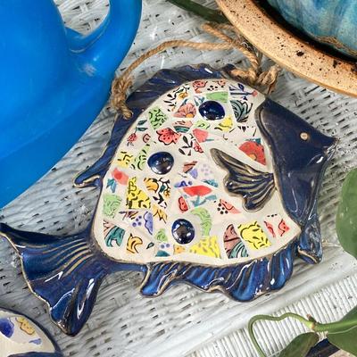 LOT 199: Wicker Accent / Patio Table with Live Aloe Plant, Pottery Fish and More