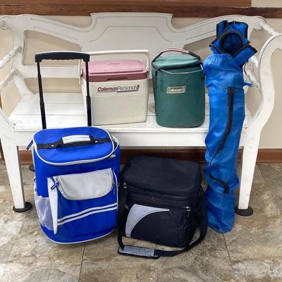 LOT 201: Coleman Lantern in Carry Case with Collection of Coolers and Outdoor Chair