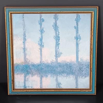 LOT 218: Brass Shelf and Wall Hooks with Willow Tree Figurines, Wilcox-Smith Art Tile & Monet Print