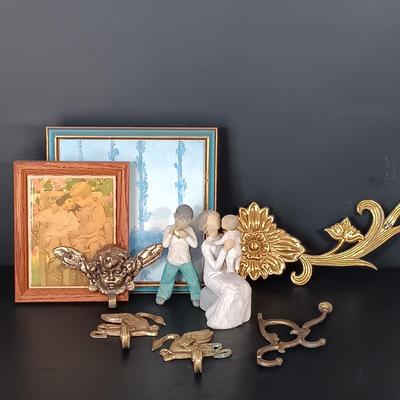 LOT 218: Brass Shelf and Wall Hooks with Willow Tree Figurines, Wilcox-Smith Art Tile & Monet Print