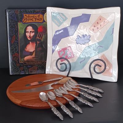 LOT 219: Vintage Barbara Demery Art Plate with Dansk Cheese Plate, 'Sharp' Cheese Knife & More