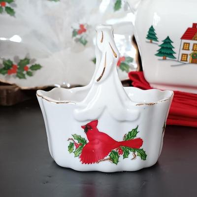 LOT 224: Williams Sonoma Twelve Days of Christmas Mugs, Lefton China Cardinal Basket, Jamestown China Creamer and Sugar Bowl & More