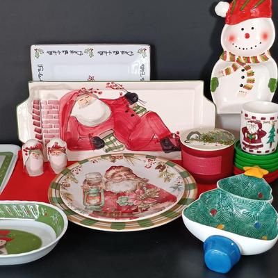 LOT 225: Vietri Old St. Nick Serving Dish, Plate and Salt and Pepper Shakers with La Dolce Vita Snowman Plate, Hallmark Candle Holders...