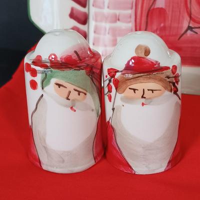 LOT 225: Vietri Old St. Nick Serving Dish, Plate and Salt and Pepper Shakers with La Dolce Vita Snowman Plate, Hallmark Candle Holders...