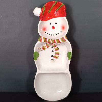 LOT 225: Vietri Old St. Nick Serving Dish, Plate and Salt and Pepper Shakers with La Dolce Vita Snowman Plate, Hallmark Candle Holders...