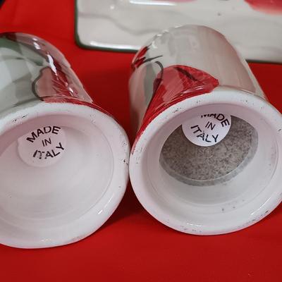 LOT 225: Vietri Old St. Nick Serving Dish, Plate and Salt and Pepper Shakers with La Dolce Vita Snowman Plate, Hallmark Candle Holders...