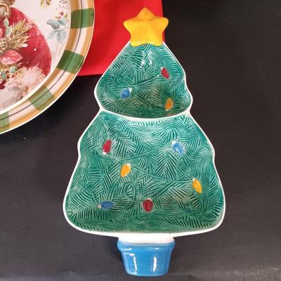 LOT 225: Vietri Old St. Nick Serving Dish, Plate and Salt and Pepper Shakers with La Dolce Vita Snowman Plate, Hallmark Candle Holders...