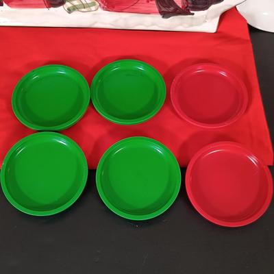 LOT 225: Vietri Old St. Nick Serving Dish, Plate and Salt and Pepper Shakers with La Dolce Vita Snowman Plate, Hallmark Candle Holders...