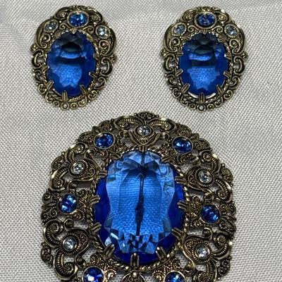 Vintage Filagree & Blue Stone Brooch & Earrings