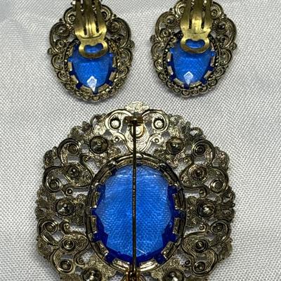 Vintage Filagree & Blue Stone Brooch & Earrings