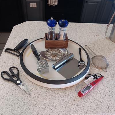 16" LAZY SUSAN, SALT AND PEPPER SHAKERS AND A VARIETY OF KITCHEN UTENSILS