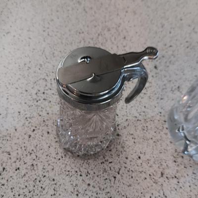 LARGE GLASS VASE, SERVING BOWL, SUGAR CONTAINER AND 2 OLD CUT GLASS PLATES