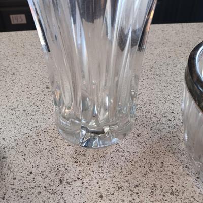 LARGE GLASS VASE, SERVING BOWL, SUGAR CONTAINER AND 2 OLD CUT GLASS PLATES