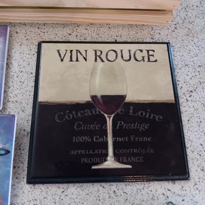 VARIOUS DECORATIVE WALL HANGINGS, APPLE CANDLES, COASTERS AND FAUX FLOWER