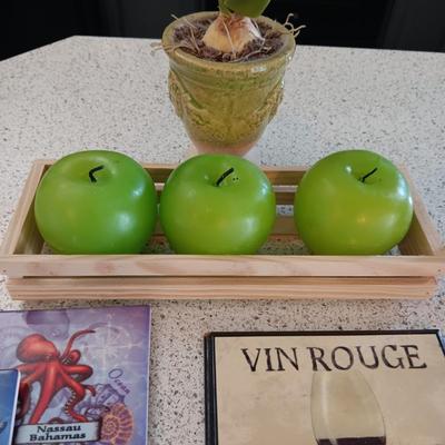 VARIOUS DECORATIVE WALL HANGINGS, APPLE CANDLES, COASTERS AND FAUX FLOWER