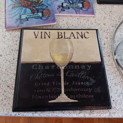 VARIOUS DECORATIVE WALL HANGINGS, APPLE CANDLES, COASTERS AND FAUX FLOWER