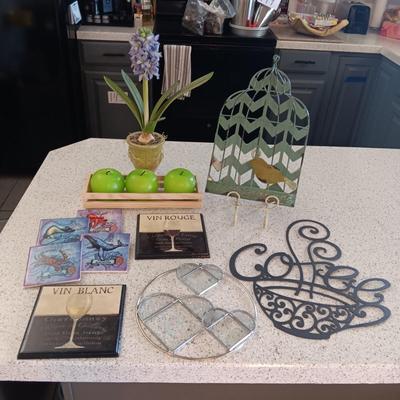 VARIOUS DECORATIVE WALL HANGINGS, APPLE CANDLES, COASTERS AND FAUX FLOWER