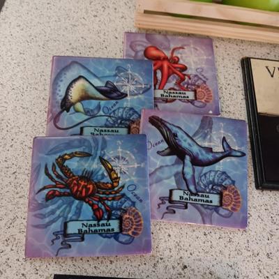 VARIOUS DECORATIVE WALL HANGINGS, APPLE CANDLES, COASTERS AND FAUX FLOWER