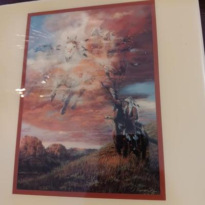 2 NATIVE AMERICAN THEMED TILE WALL HANGINGS, GLASS VASE, MARBLE BOOKEND AND WALL HUNG BIRDS