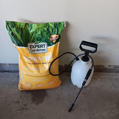 NEW BAG OF WEED AND FEED & A WEED SPRAYER