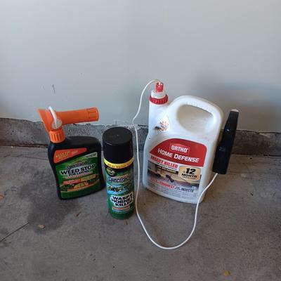 FULL CONTAINERS OF WEED STOP AND HOME DEFENSE, PARTIAL WASP SPRAY