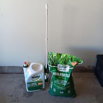 NEW BAG OF LAWN FERTILIZER AND MOSTLY FULL ROUNDUP WEED KILLER