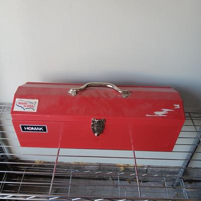 HOMAK METAL TOOL BOX WITH A SHELF AND A FEW TOOLS