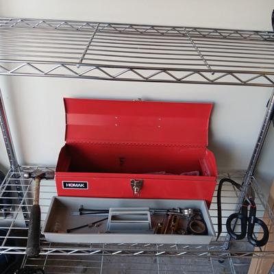 HOMAK METAL TOOL BOX WITH A SHELF AND A FEW TOOLS