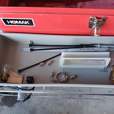 HOMAK METAL TOOL BOX WITH A SHELF AND A FEW TOOLS