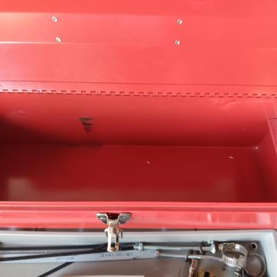 HOMAK METAL TOOL BOX WITH A SHELF AND A FEW TOOLS