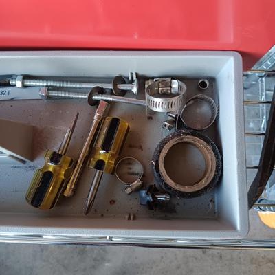HOMAK METAL TOOL BOX WITH A SHELF AND A FEW TOOLS
