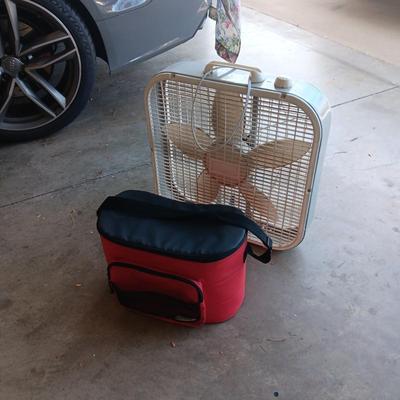 COLEMAN SOFT SIDED COOLER AND A BOX FAN