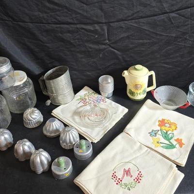 Vintage Kitchen - Molds - flour sifter - Sunflower pitcher - jars and more