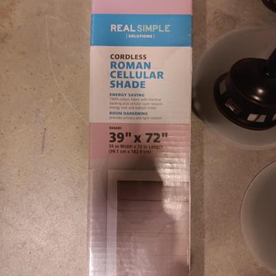 5 LIGHT CEILING FIXTURE AND A NEW KHAKI ROMAN CELLULAR SHADE