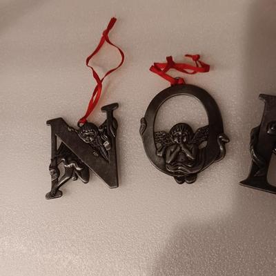 NESTING SNOWMEN, SNOWMAN CANDLE AND "NOEL" PEWTER ORNAMENTS