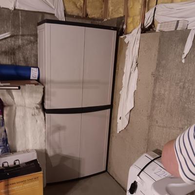 WORKFORCE STORAGE CABINET WITH SHELVES AND PEGBOARD ON THE INSIDE OF DOORS