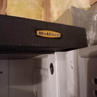 WORKFORCE STORAGE CABINET WITH SHELVES AND PEGBOARD ON THE INSIDE OF DOORS