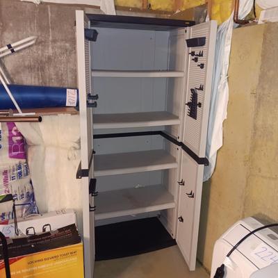 WORKFORCE STORAGE CABINET WITH SHELVES AND PEGBOARD ON THE INSIDE OF DOORS