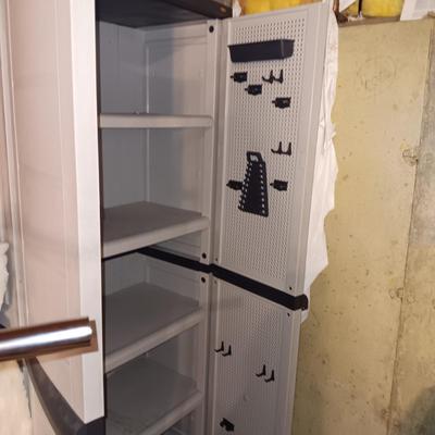 WORKFORCE STORAGE CABINET WITH SHELVES AND PEGBOARD ON THE INSIDE OF DOORS