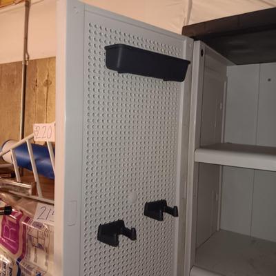 WORKFORCE STORAGE CABINET WITH SHELVES AND PEGBOARD ON THE INSIDE OF DOORS