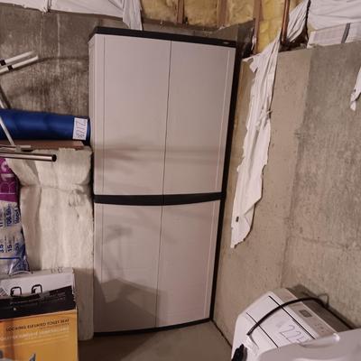 WORKFORCE STORAGE CABINET WITH SHELVES AND PEGBOARD ON THE INSIDE OF DOORS