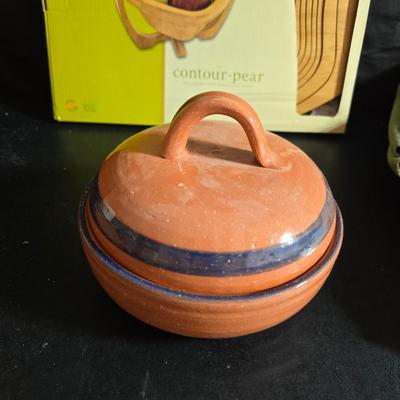 Hand-thrown terracotta or clay cooking pot with a lid - Chip and dip bowl - Wooden fruit bowl and more